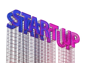 Poster - 3D rendering of translucent Startup text in blue and pink hues, supported by a wireframe mesh structure on an isolated white background. Concept of innovation