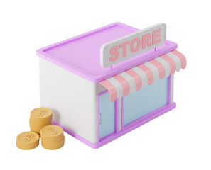 Poster - Isolated miniature store building with pink accents, striped awning, and gold coin stacks, simple design, white background. Concept of shopping. 3D Rendering.