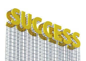 Poster - Yellow 3D text reading SUCCESS with a supporting wireframe structure, isolated on a white background. Concept for achievement and growth. 3D Rendering.