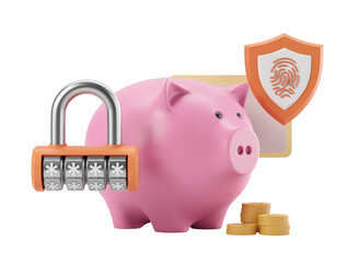 Poster - Pink piggy bank with a lock, shield, and gold coins, isolated on white. 3D rendering symbolizing financial security and cybersecurity concepts