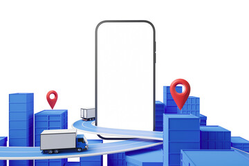 Poster - Smartphone mockup with blank screen, blue warehouse buildings, trucks on curving roads, and red location pins on white background. Concept of online delivery. 3D Rendering.