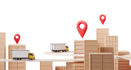 Poster - Delivery trucks on winding roads among stacked boxes with red location pins on a white background. 3D rendering concept of logistics and tracking