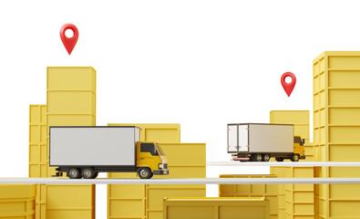Poster - Two delivery trucks with yellow containers, surrounded by large yellow boxes and red location pins, displayed on a white background. Concept of delivery service and logistics. 3D Rendering.
