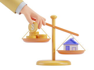 Poster - Hand placing a coin on a scale balancing coins and a house model on a white background, 3D rendering. Concept of real estate and investment