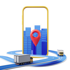 Poster - Logistics concept featuring a smartphone with a red map pin, blue 3D cityscape inside, and trucks on a winding road. Isolated white background. 3D Rendering.