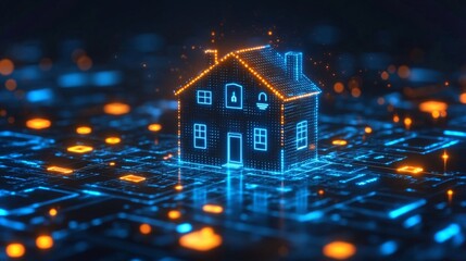 Poster - Holographic house icon with glowing connections in a digital space representing modern innovation