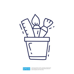 Poster - A simple line drawing of a flower pot containing art supplies like brushes and a ruler, symbolizing creativity and artistic expression.