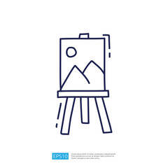 Poster - A simple line drawing of an easel displaying a landscape painting featuring mountains and a sun. It represents artistic expression and creativity.