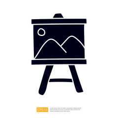 Poster - A simple, stylized illustration of an easel displaying a framed landscape painting with mountains and a sun. It represents art and creativity.