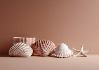 Poster - 3D Minimalist Seashells and Starfish Display on Beige Stand with Gradient Brown Background