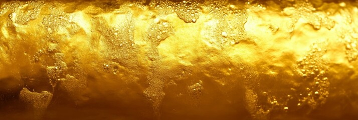 Poster - Golden Yellow Beverage Close-Up with Bubbles and Frothy Texture in Bright Lighting
