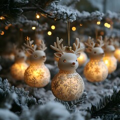 Wall Mural - Intricate Hand-Carved Wooden Christmas Ornaments with Warm Glow