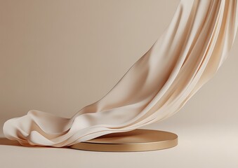 Aufkleber - Luxury 3D Display Podium with Off-White Fabric Flowing Motion on Beige Background for Cosmetic Product Presentation