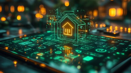 Poster - Glowing green holographic smart home control system showcasing futuristic technology