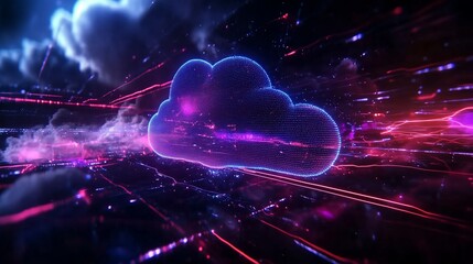Poster - vibrant digital cloud illustration with neon lighting in a futuristic setting