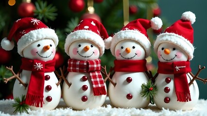 Wall Mural - A family of snowmen in Santa Claus hats on the background of a Christmas tree in close-up