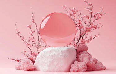 Poster - Pink Minimalist Setup with Cherry Blossoms and Stone Display for Beauty Product Promotion