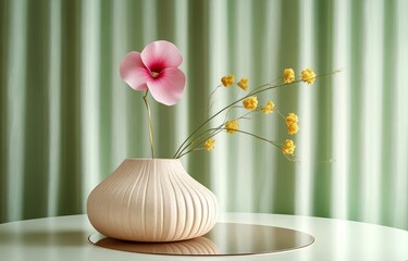 Poster - Minimalist display podium beige background with soft green curtain featuring pink flower in ceramic vase for beauty product presentation