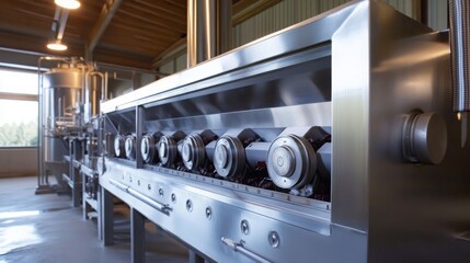 Poster - Steel machinery designed for the production of natural wine is stationed in a well-lit winery. The equipment showcases advanced technology in a spacious setting, reflecting the art of winemaking.