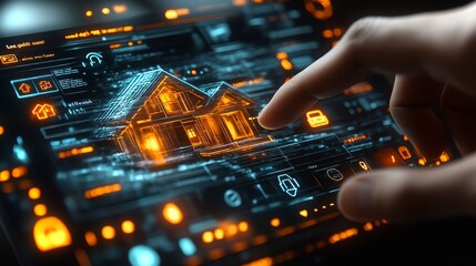 Poster - Person interacts with holographic smart display featuring a 3D house model