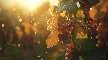 Poster - Soft golden light illuminates grapevines covered in morning dew, showcasing ripening grapes in a peaceful vineyard. This serene setting evokes the beauty of nature during early hours.