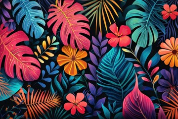 Wall Mural - Vibrant tropical leaves and flowers in assorted colors on a dark background, creating a lively and exotic atmosphere for nature-themed projects.