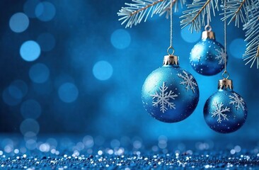 Wall Mural - snowflakes suspended on silver threads on a shiny blue background with blue balls, with a blue bokeh