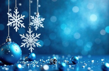 Wall Mural - snowflakes suspended on silver threads on a shiny blue background with blue balls, with a blue bokeh