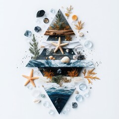 Poster - Creating an ocean-inspired watercolor composition with starfish sea glass driftwood and marine botanicals in a triangular pattern for coastal artistry