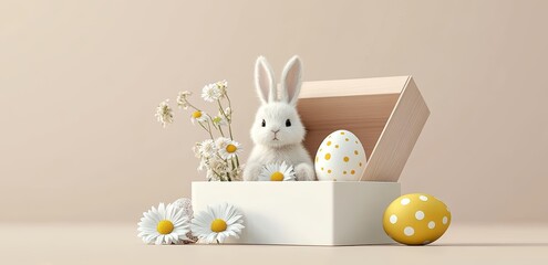 Poster - Easter Bunny and Egg in Gift Box with Daisies