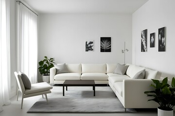 Modern minimalist living room with white sectional sofa, coffee table, grey rug, and plants.