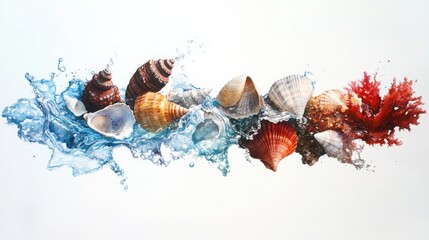 Poster - Coastal art soft watercolor arrangement of seashells and coral fragments