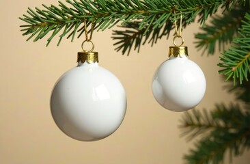 Wall Mural - a collage of two photos. one shows a white frosted christmas ball hanging from a branch of a christm