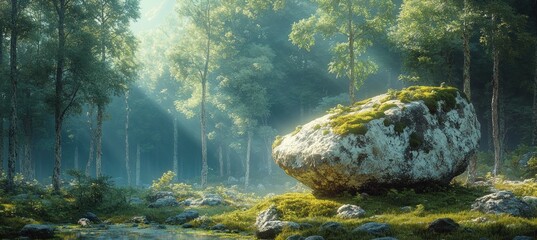 Wall Mural - Surreal Moss Covered Boulder in Forest Landscape with Green Trees and Dappled Sunlight