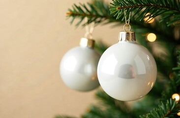 Wall Mural - a collage of two photos. one shows a white frosted christmas ball hanging from a branch of a christm