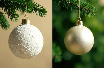 Wall Mural - a collage of two photos. one shows a white frosted christmas ball hanging from a branch of a christm