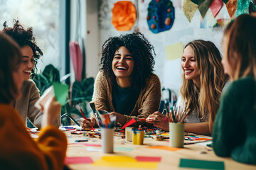 Group of friends laughing and talking while enjoying a DIY craft project together.