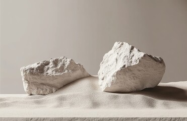 Poster - Minimalist Stone Display Podium with Beige Sand and Soft Shadows for Product Presentation