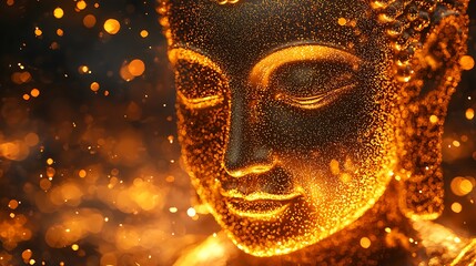 Wall Mural - Buddha forward silhouette comprised of countless tiny golden dots shimmering with light 
