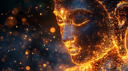 Wall Mural - Buddha forward silhouette comprised of countless tiny golden dots shimmering with light 