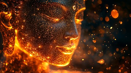 Wall Mural - Buddha forward silhouette comprised of countless tiny golden dots shimmering with light 