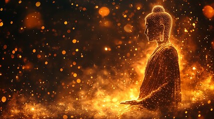 Wall Mural - Buddha silhouette standing forward, body composed of golden shimmering dots ethereal light 