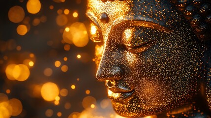 Wall Mural - beautifully detailed Buddha silhouette in golden dots forward facing shimmering glow 