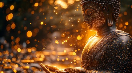 Wall Mural - Buddha silhouette with golden dots cascading from the body shimmering with light 
