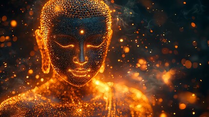 divine buddha silhouette forward, body comprised of luminous golden dots and shimmering aura