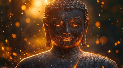 Wall Mural - ethereal Buddha silhouette forward with intricate tiny dot details and golden shimmering glow 