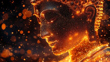 Wall Mural - forward-facing Buddha silhouette created from glowing golden dots, shimmering with light 