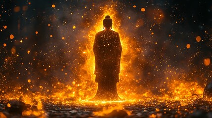 Wall Mural - golden Buddha silhouette forward, body formed from radiant shimmering dots of light 