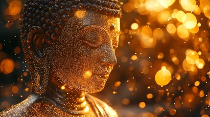 Wall Mural - golden Buddha silhouette forward, body formed from radiant shimmering dots of light 