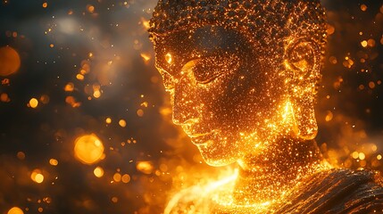 Wall Mural - golden Buddha silhouette forward, body formed from radiant shimmering dots of light 